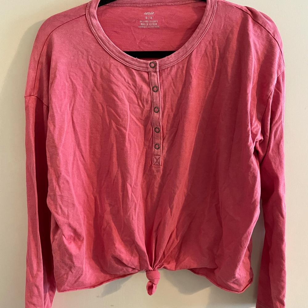 NWOT Aerie M Pink Peach Long Sleeve Tie Shirt